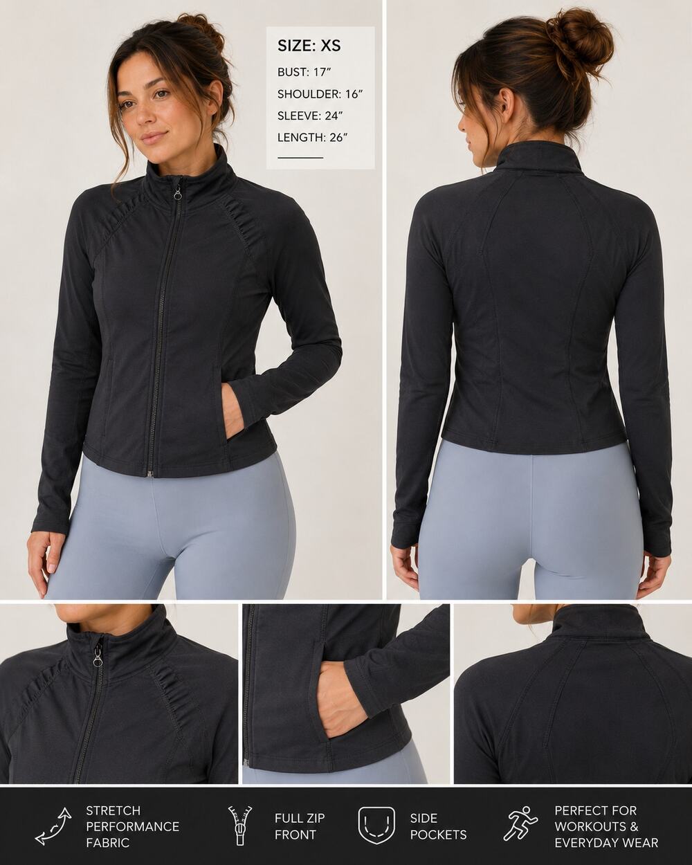 Z by Zella Black Ruched Zip Athletic Jacket XS | Lightweight Workout Activewear